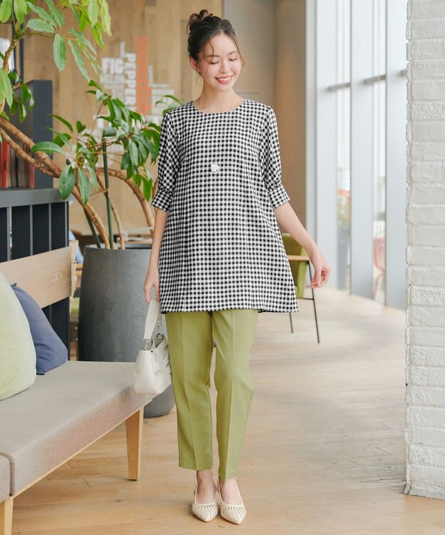 Tiaclasse 【小倉優子さん着用】【洗える】 パフスリーブチュニックブラウス ブラックチェック