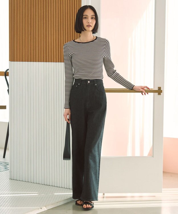 UNFILO マイビューティ リブボートネック ニット グレージュ×ブラック