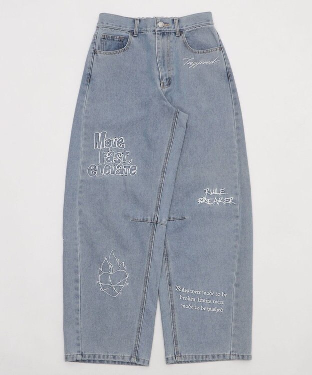 WEGO 刺繍ロゴバレルレッグパンツ デニム中濃色