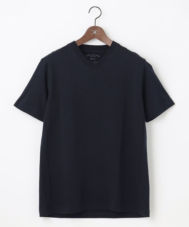 JOSEPH ABBOUD 【オーガニックコットン使用】JOE COTTONサッカーVネック Tシャツ ネイビー系