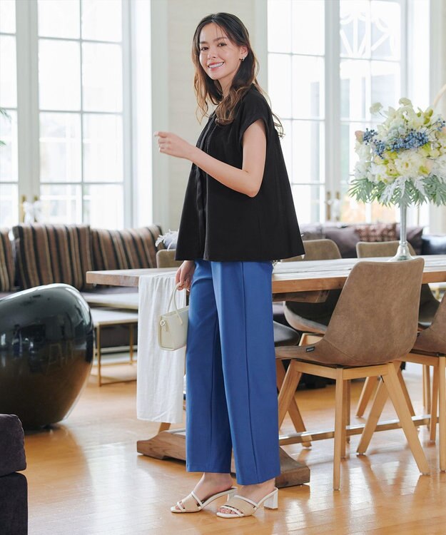 Tiaclasse 【日本製・新色追加・洗える・ストレッチ】エアシルキーワイドパンツ ブルー