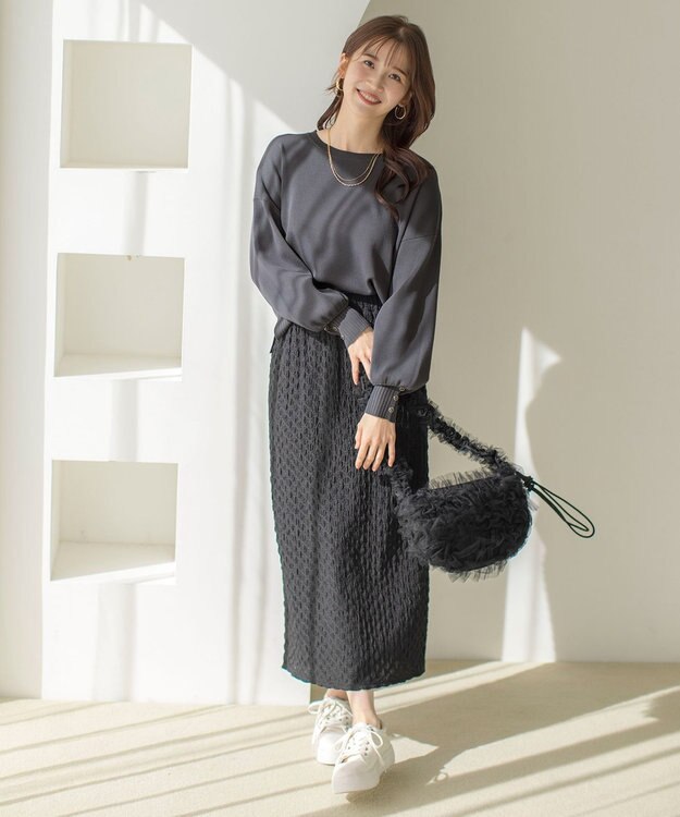 ANY SIS 【洗える】カットジャカードナロー スカート ブラック