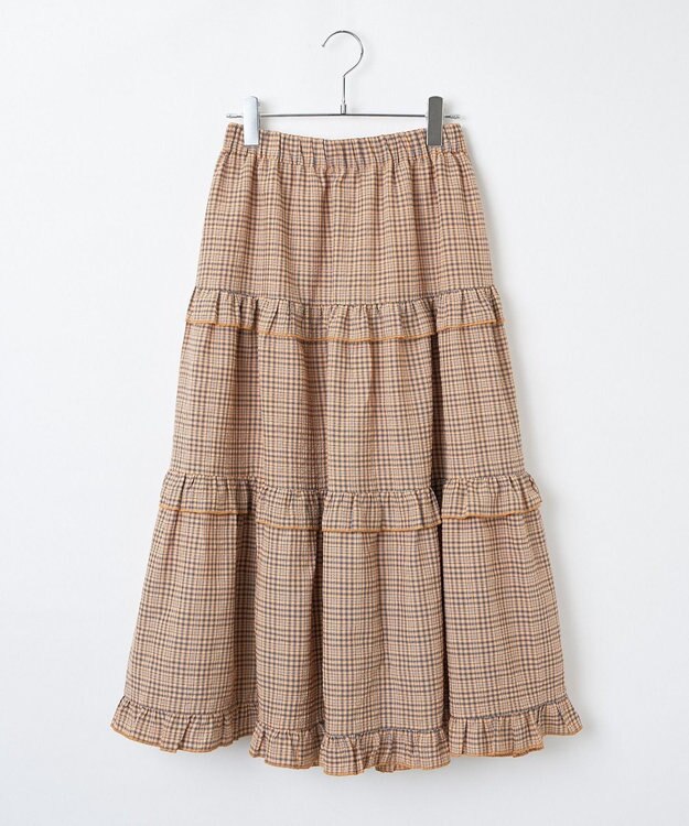 WEGO 【ウエストゴム】フリルティアードボリュームスカート オレンジチェック1