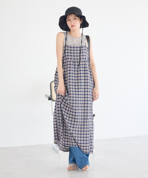 earth music&ecology シャーリングラメチェックキャミワンピース Navy