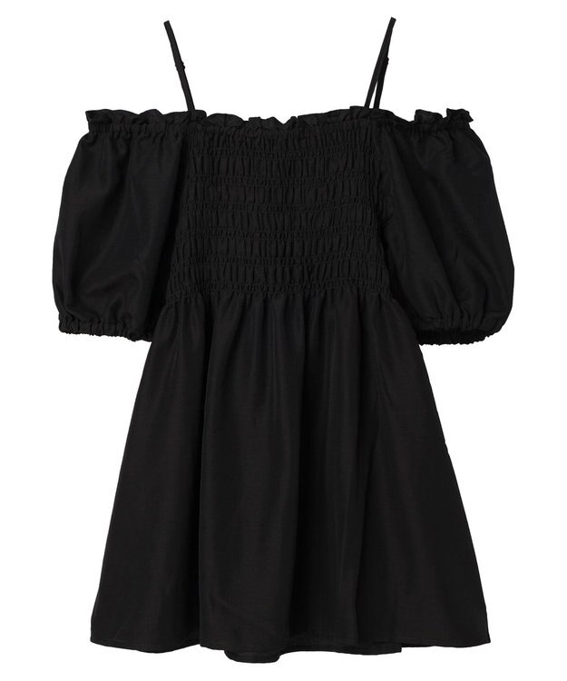 earth music&ecology ２ｗａｙショルダーシャーリングチュニック Black