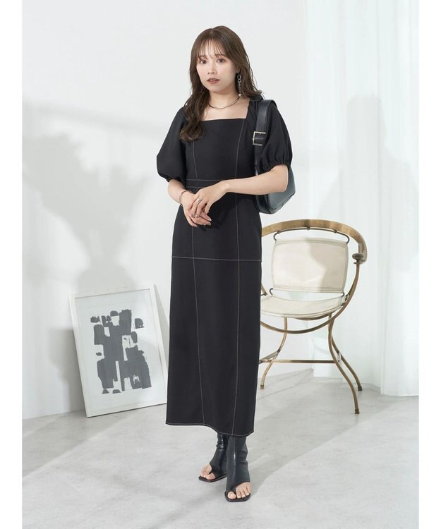 earth music&ecology 配色ステッチパフスリーブワンピース Black