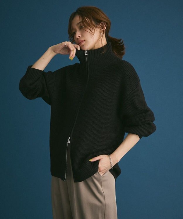 Green Parks ＺＩＰ付き畦ニットチュニック Black