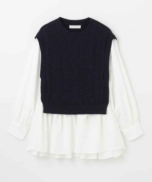 ANY 【洗濯機可・前後差あり】レイヤードブラウスニット ネイビー