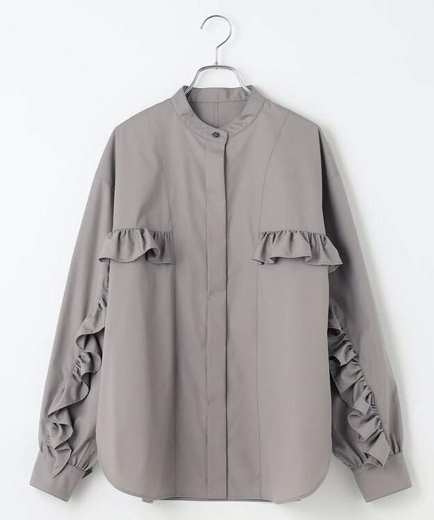 #Newans 【シワになりにくい/洗濯機可能】ラウンドフリルバンドカラーシャツ グレー