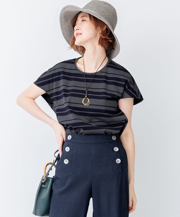 23区 S 【洗える】ランダムボーダー クルーネック カットソー カーキ×ネイビー