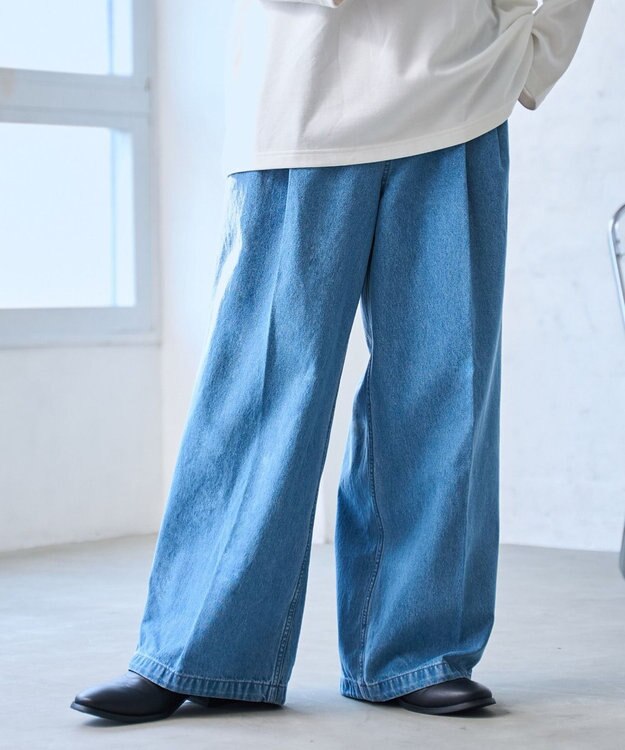 WEGO 【ウエストゴム】スーパーバギーデニムスラックス デニム淡色