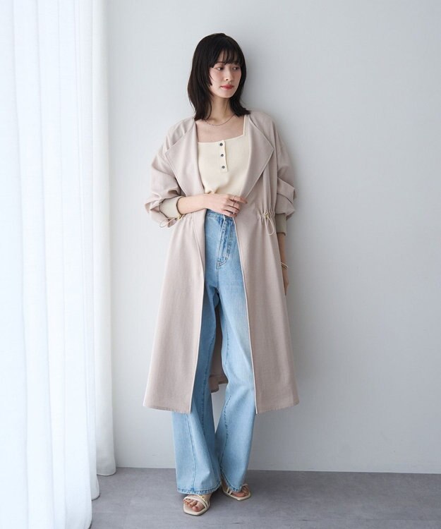 YECCA VECCA ノーカラーラペルロングコート Gray Beige