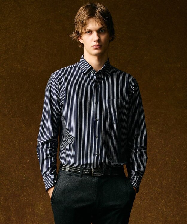 JOSEPH ABBOUD 【キングサイズ・綿100％・自然なストレッチ】マイクロストライプジャージー シャツ ネイビー系1