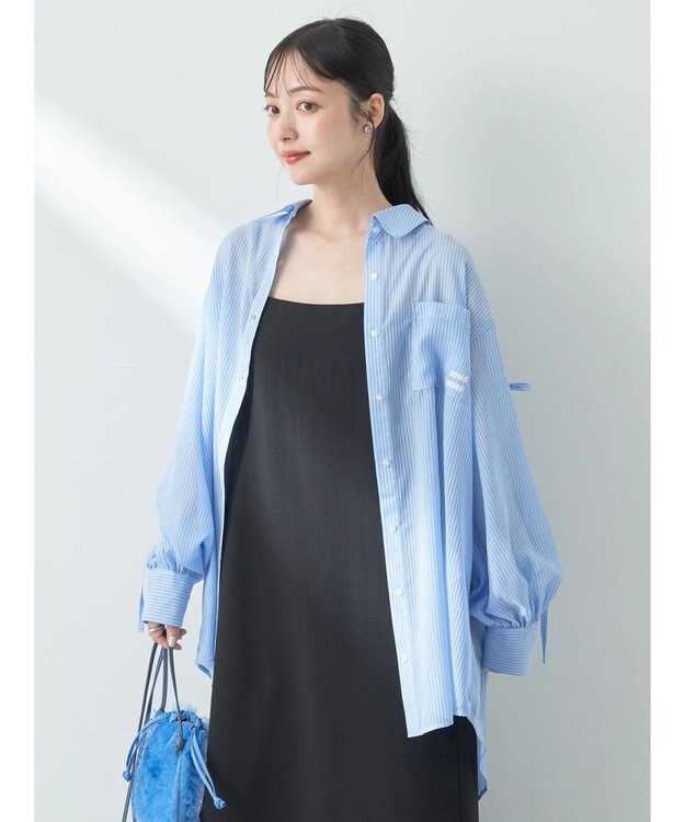 earth music&ecology 袖スリットリボンロングシャツ Blue