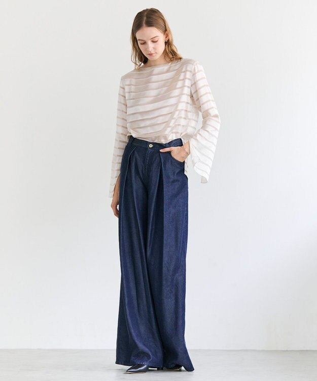 BEIGE， HAUYNITE / ボーダーシアー ボートネックブラウス Ecru