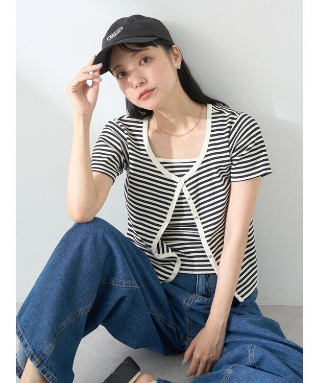 earth music&ecology ＳＥＴ２点ボーダーカーディガン＋キャミ Black