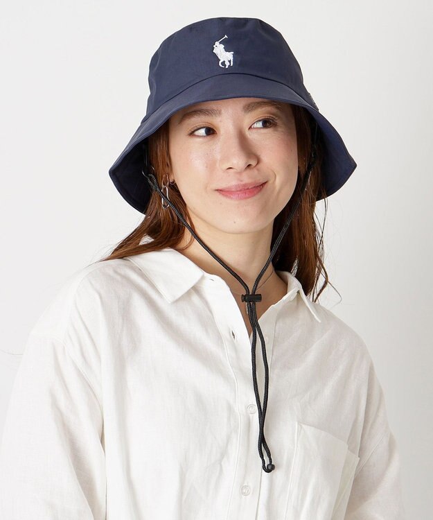 MOONBAT 【WEB限定/遮光/撥水】POLO RALPH LAUREN 晴雨兼用 バケットハット ／つば遮光生地 レインハット あご紐 ネイビーブルー