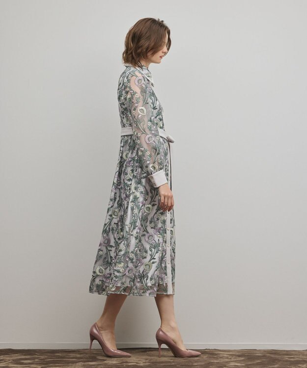 GRACE CONTINENTAL マルチフラワー刺繍フレアワンピース グレー