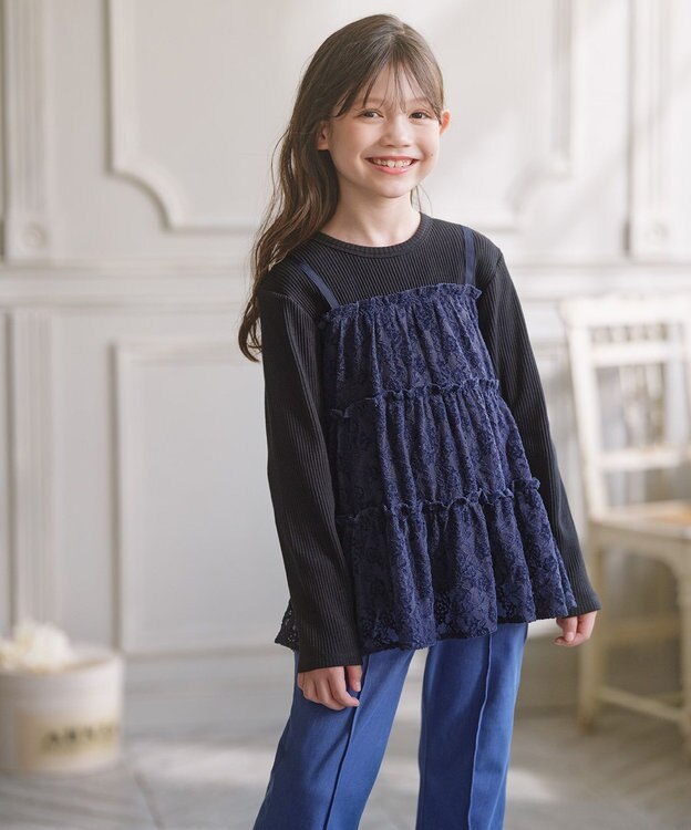 組曲 KIDS 【150-160㎝】スノウレースレイヤード トップス ネイビー