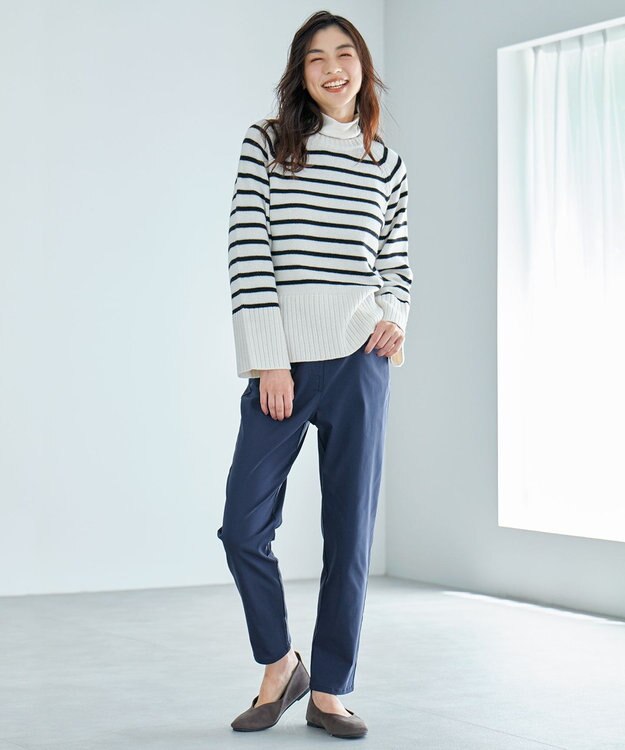 ANY 【6色展開】ラムウールラグランスリーブニット オフベース×ブラックラインボーダー