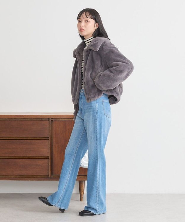 earth music&ecology ファーショートコート チャコールグレー