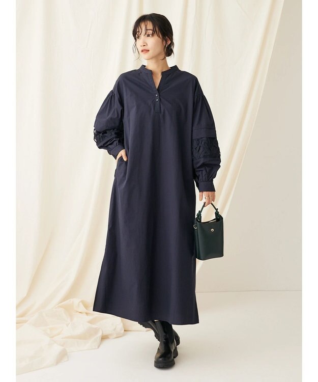 CRAFT STANDARD BOUTIQUE 袖レース使いワンピース Dark Navy