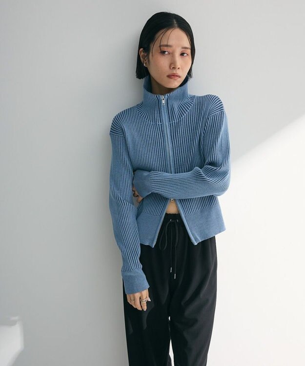 Green Parks 配色リブＺｉｐニットカーディガン Blue