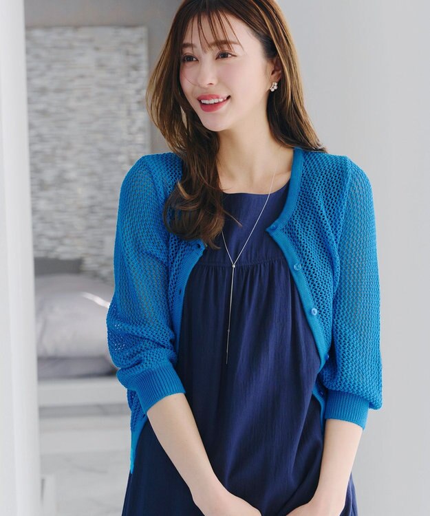 Tiaclasse L 【新色追加・洗える】パフスリーブ透かし編みニットカーディガン ブルー