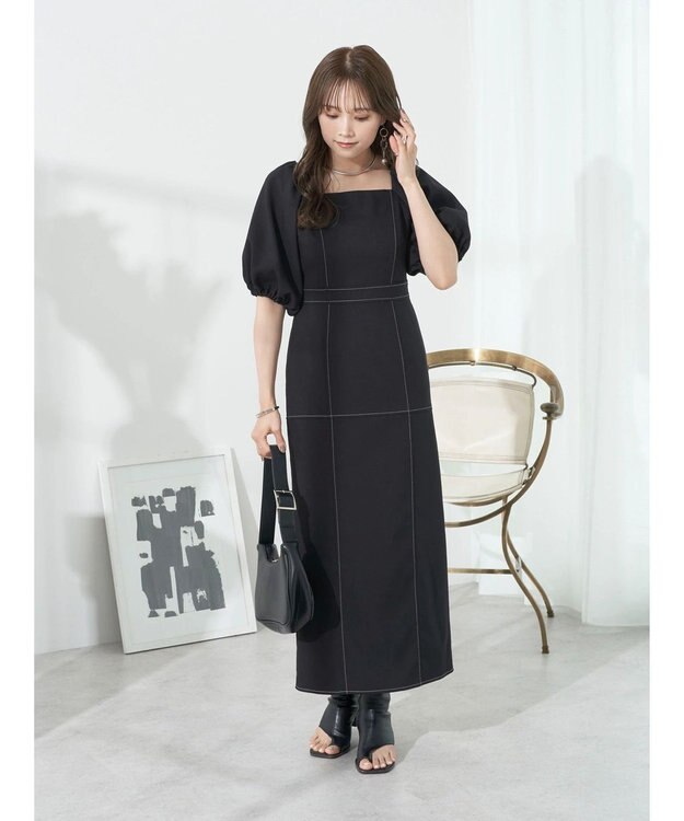 earth music&ecology 配色ステッチパフスリーブワンピース Black