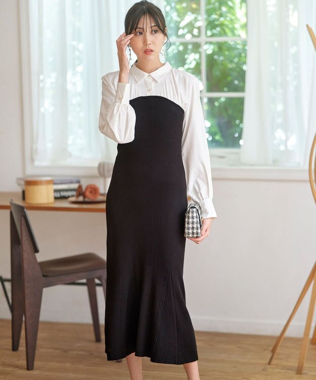 ANY SIS S 【全方位 好印象】シャツコンビリブニット ワンピース ブラック