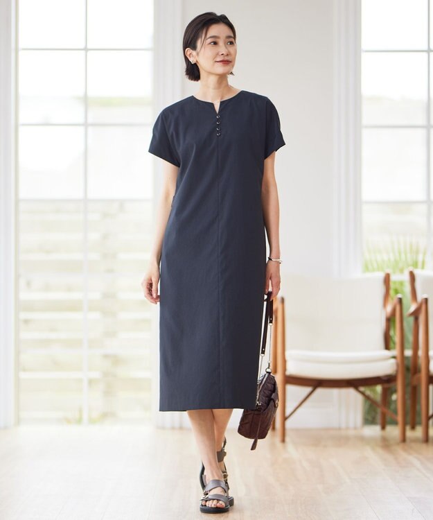 J.PRESS LADIES S 【洗える・イージーケア】ソフトタイプライター フレンチスリーブ ワンピース ネイビー系