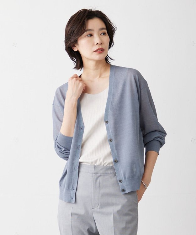 J.PRESS LADIES S 【洗える】LINEN MIX SHEER Vネック カーディガン ダルブルー系