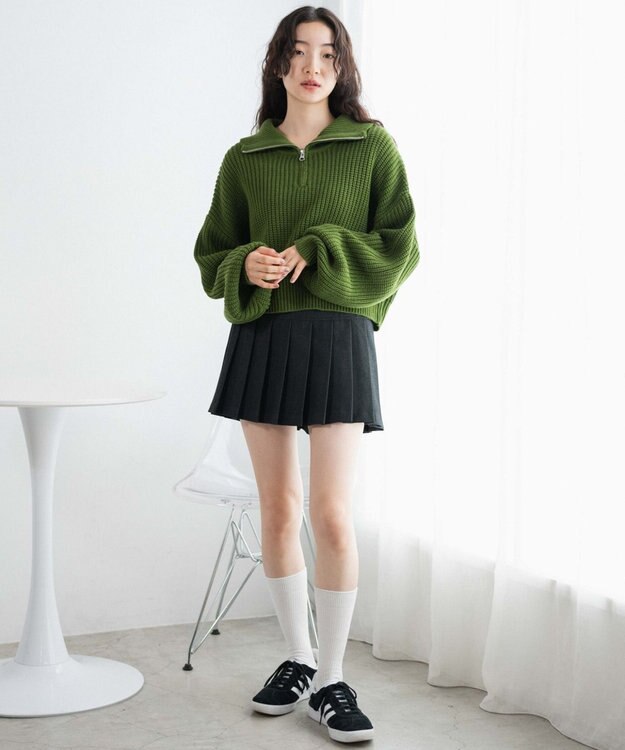 WEGO ハーフジップショートニットプルオーバー グリーン