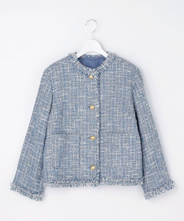 自由区 ファンシーノットツイードノーカラー ジャケット ブルー