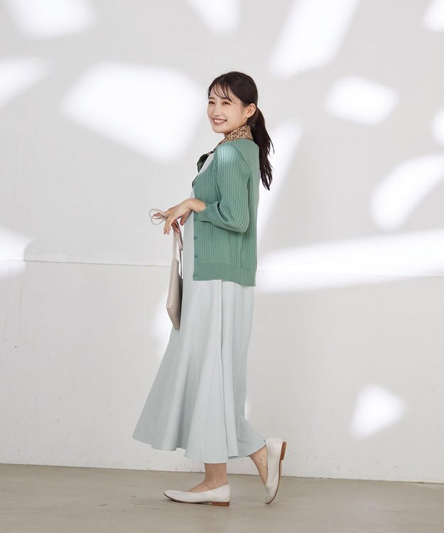 Tiaclasse L 【洗える】スリット袖Vネックリブカーディガン グリーン