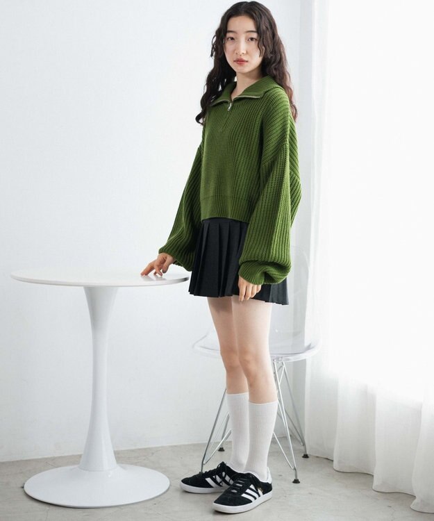 WEGO ハーフジップショートニットプルオーバー グリーン