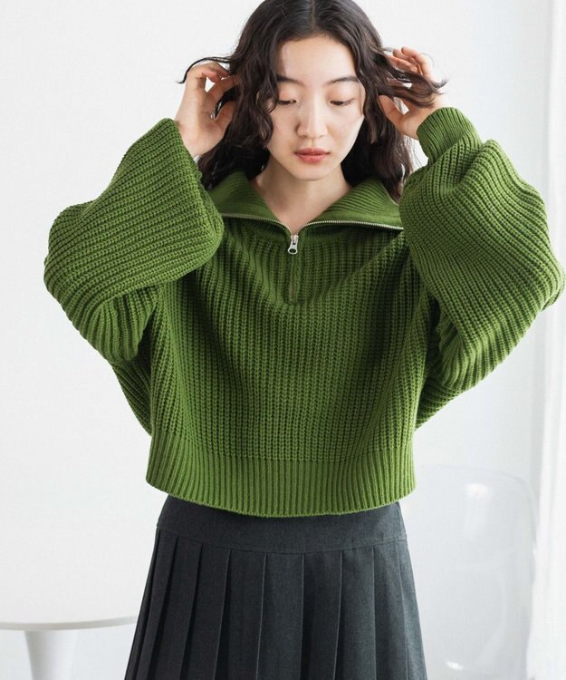 WEGO ハーフジップショートニットプルオーバー グリーン