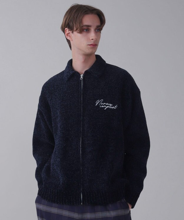 WEGO 【ユニセックス着用ITEM】ベロアモールワンポイントZIPカーディガン ネイビー