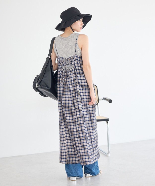 earth music&ecology シャーリングラメチェックキャミワンピース Navy