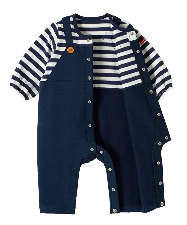 MIKI HOUSE HOT BISCUITS 【70-80cm】オーバーオール重ね着風 カバーオール 紺