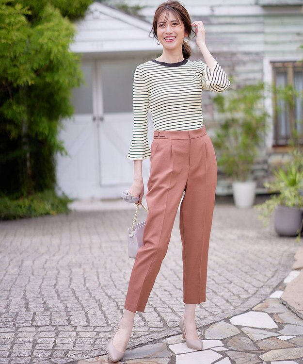 ANY SIS 【洗える】サイドバックルタックテーパード パンツ アプリコットピンク