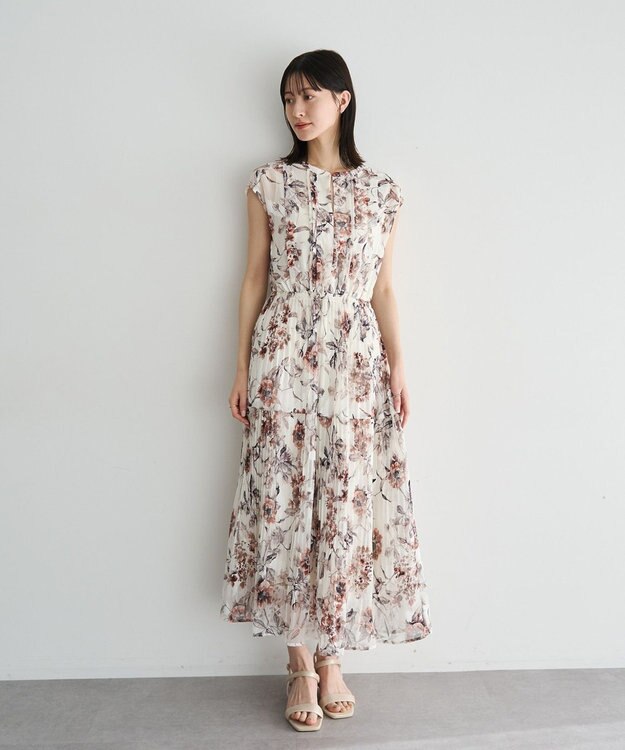 YECCA VECCA 【追加生産】フラワー柄シアープリーツワンピース Ivory