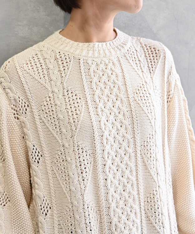 muuc 〈オーガニックコットン〉〈高品質スーピマ超長綿〉ローゲージニット アラン模様セーター OWHT  オフホワイト（生成り）