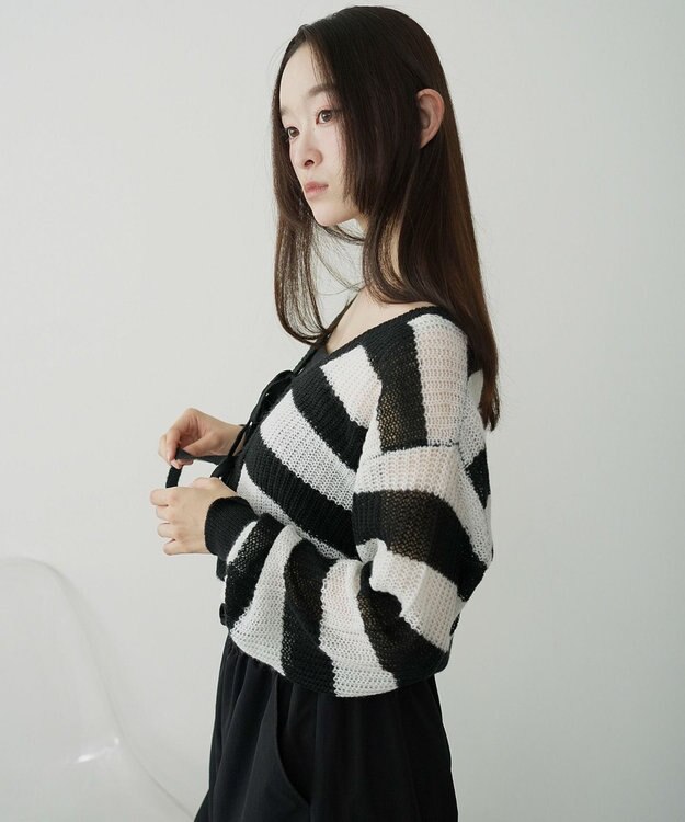 WEGO 【25年秋冬新作】モヘアタッチ2WAYリボンカーデ ホワイトボーダー