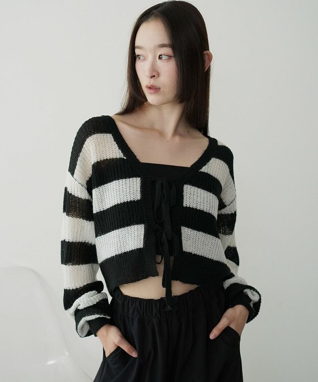 WEGO 【25年秋冬新作】モヘアタッチ2WAYリボンカーデ ホワイトボーダー