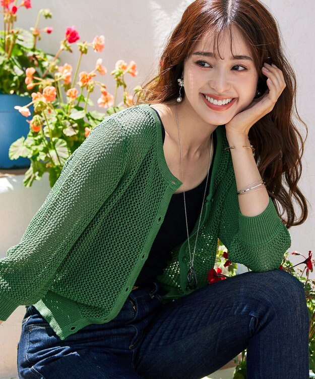 Tiaclasse L 【新色追加・洗える】パフスリーブ透かし編みニットカーディガン グリーン