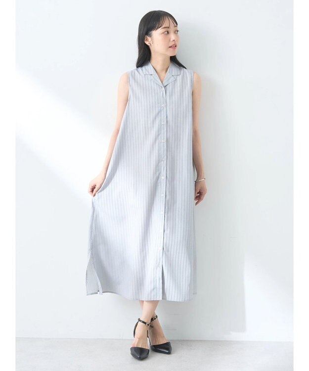 earth music&ecology ＳＥＴ２点シャーリングビスチェ×シャツワンピース Stripe Light Gray