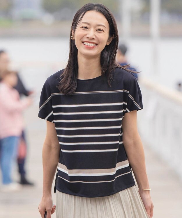 J.PRESS LADIES L パネルボーダー フレンチスリーブ カットソー ブラック系1