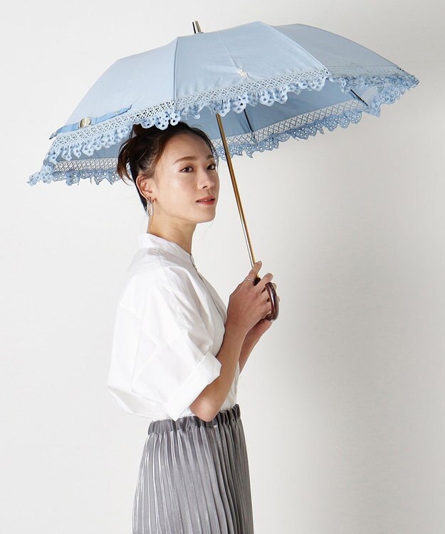 MOONBAT 【遮光/晴雨兼用日傘】POLO RALPH LAUREN（ポロラルフローレン） 折りたたみ日傘 エンブフリル 遮熱 UV スカイブルー