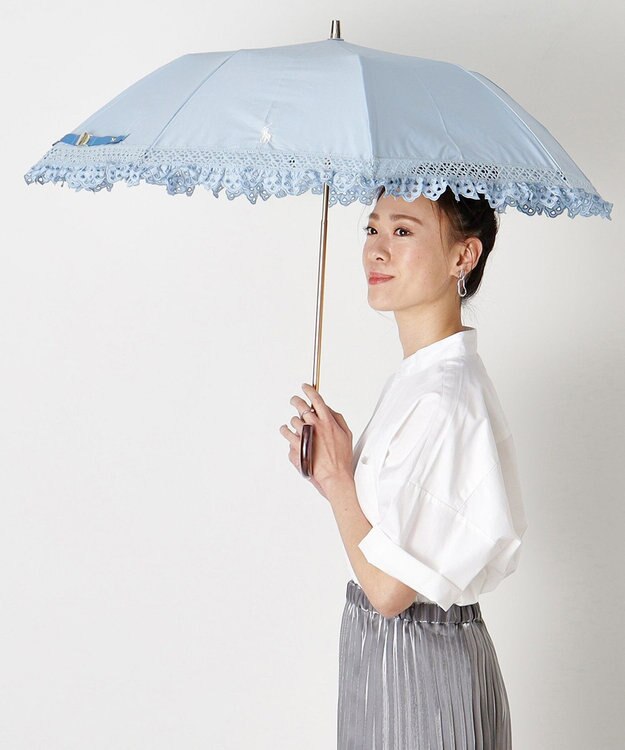 MOONBAT 【遮光/晴雨兼用日傘】POLO RALPH LAUREN（ポロラルフローレン） 折りたたみ日傘 エンブフリル 遮熱 UV スカイブルー